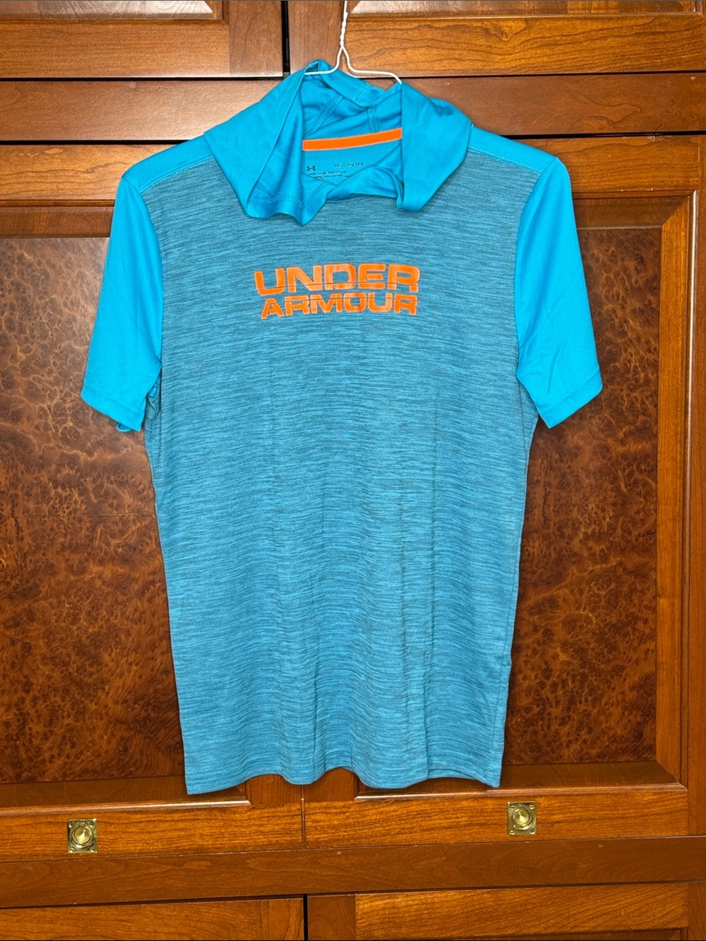 Under Armour Aqua/Teal Short Sleeve Hooded Performance Shirt with Orange Logo